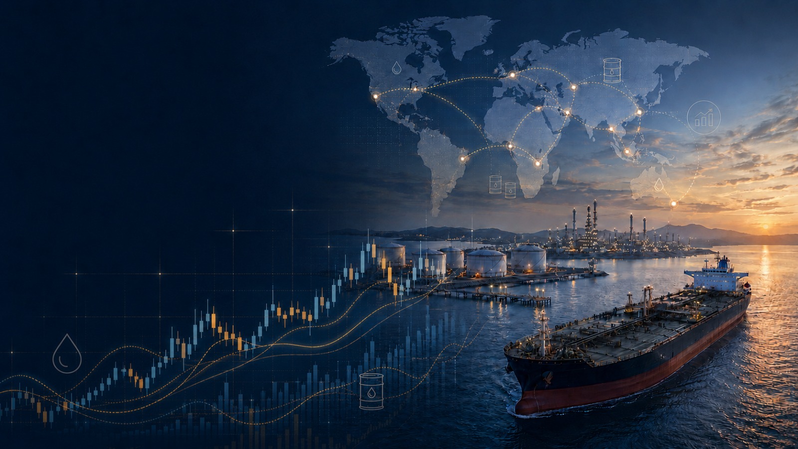 Global energy trading and market advisory with tanker, refinery, and world market overlay